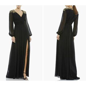 Mac Duggal Embellished Shoulder Maxi Dress Formal Black Gown Sz 4 NWT